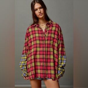 UO BDG One Way or Another Plaid Button Down Shirt Pink Combo Oversized